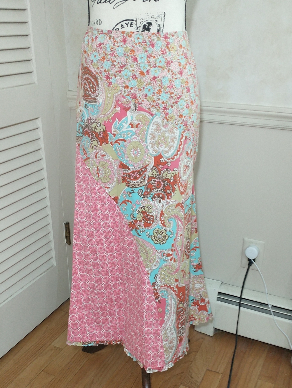 CAbi Artsy Patchwork Maxi Skirt, Size 10, Pink And Aqua, Whimsy, Floral, Paisley